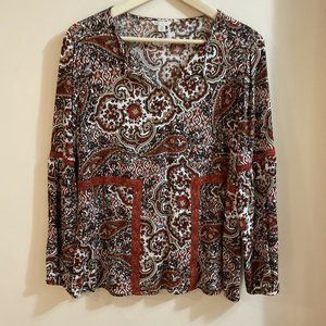Cato Tunic Blouse Boho Paisley Print Long Gathered Sleeves Size S (Fit is M)